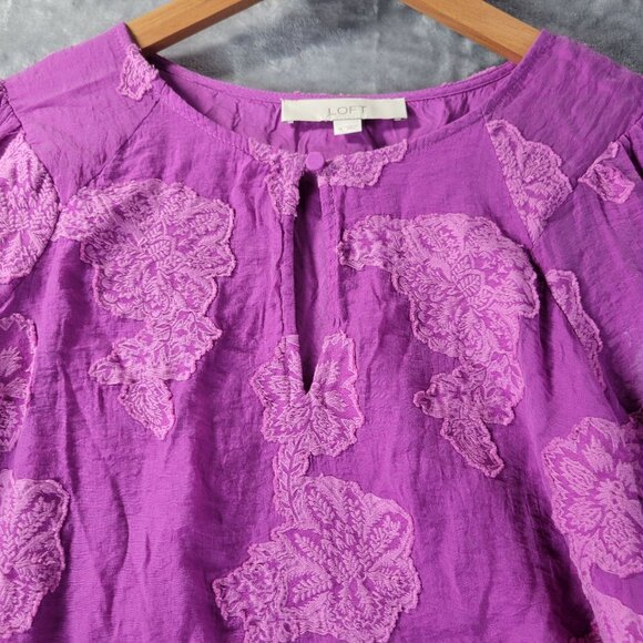 LOFT Womens M Purple Floral Jacquard Blouse Long Sleeve Keyhole Boho Romantic - Picture 5 of 10